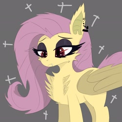 Size: 2048x2048 | Tagged: safe, artist:wornpaladin, artist:worny, imported from derpibooru, fluttershy, bat pony, pegasus, pony, undead, vampire, bat ponified, bedroom eyes, colored, cross, eyelashes, eyeshadow, female, flutterbat, goth, gray background, grey eyeshadow, makeup, piercing, race swap, simple background, sketch, solo