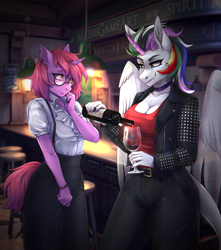 Size: 1500x1700 | Tagged: safe, artist:serodart, imported from derpibooru, oc, oc only, oc:izma acid, oc:soules phantom, anthro, original species, unicorn, alcohol, bar, bottle, choker, clothes, commission, drink, glass, glasses, horn, jacket, leather, leather jacket, shy, smiling, wine, wine bottle, wine glass, wings