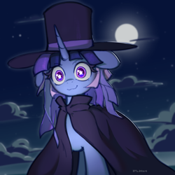 Size: 5000x5000 | Tagged: safe, artist:zylgchs, imported from derpibooru, oc, oc only, oc:flawless sparklemoon, cloak, clothes, hat, moon, my little pony the movie: the death of twilight sparkle, solo, top hat, wingding eyes