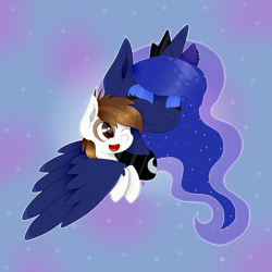 Size: 2000x2000 | Tagged: safe, artist:kathepart, imported from derpibooru, pipsqueak, princess luna, alicorn, earth pony, pony, collar, colt, crown, cute, duo, episode followup, ethereal mane, eyes closed, female, foal, happy, hug, jewelry, luna's crown, lunabetes, male, mare, mlp fim's fourteenth anniversary, nightmare night, open mouth, open smile, regalia, simple background, smiling, speedpaint, starry mane, winghug, wings