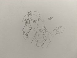 Size: 4080x3072 | Tagged: safe, imported from derpibooru, oc, oc only, oc:crafty circles, unicorn, bow, cute, female, filly, foal, hair bow, happy, horn, open mouth, pencil drawing, sketch, solo, tail, tail bow, traditional art