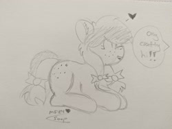 Size: 4080x3072 | Tagged: safe, imported from derpibooru, oc, oc only, oc:crafty circles, unicorn, ^^, bow, butt freckles, cute, dialogue, ear fluff, eyes closed, female, filly, foal, freckles, hair bow, happy, heart, horn, lying down, offscreen character, open mouth, pencil drawing, prone, sketch, solo, tail, tail bow, traditional art