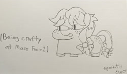 Size: 4039x2340 | Tagged: safe, artist:spookitty, imported from derpibooru, oc, oc only, oc:crafty circles, unicorn, :p, bow, butt freckles, coat markings, cute, female, filly, foal, freckles, hair bow, horn, mare fair, owo, pencil drawing, sketch, socks (coat markings), solo, squatpony, tail, tail bow, tongue out, traditional art