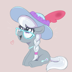 Size: 2400x2400 | Tagged: safe, artist:t72b, imported from derpibooru, silver spoon, earth pony, pony, braid, cute, feather, female, filly, flower, foal, glasses, happy, hat, jewelry, necklace, open mouth, open smile, pearl necklace, silverbetes, simple background, sitting, smiling, sun hat