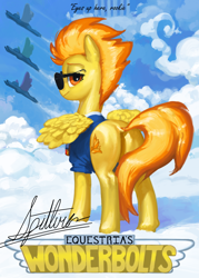 Size: 1500x2100 | Tagged: safe, artist:redruin01, imported from derpibooru, spitfire, pegasus, pony, butt, female, firebutt, looking at you, looking back, looking back at you, mare, my eyes are up here, pinup, plot, poster, solo focus, spread wings, sunglasses, wings