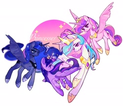 Size: 2459x2117 | Tagged: safe, artist:pplaoxiansheng, imported from derpibooru, princess cadance, princess celestia, princess luna, twilight sparkle, alicorn, pony, female, jewelry, mare, regalia, royal sisters, siblings, simple background, sisters, smiling, sparkles, spread wings, text, twilight sparkle (alicorn), white background, wings