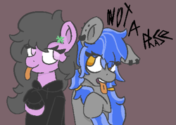 Size: 1063x758 | Tagged: safe, artist:trash mare, imported from derpibooru, oc, oc only, oc:doomy gloom, earth pony, pegasus, pony, clothes, duo, ear piercing, female, females only, hoodie, looking at each other, looking at someone, mare, open mouth, piercing, simple background, text, tongue out