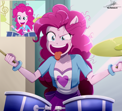 Size: 2134x1934 | Tagged: safe, artist:the-butch-x, imported from derpibooru, pinkie pie, human, equestria girls, breasts, cleavage, drums, female, messy hair, musical instrument, open mouth, ponied up, scene interpretation, screencap reference, signature, solo, tongue out