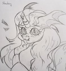 Size: 1914x2049 | Tagged: safe, artist:starkey, imported from derpibooru, oc, changeling, mouse, unicorn, broken horn, changeling oc, fangs, half body, horn, smiling, sticking out tongue, tongue out, traditional art