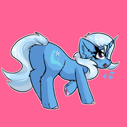 Size: 2000x2000 | Tagged: safe, artist:jubyskylines, imported from derpibooru, trixie, pony, unicorn, butt, chest fluff, ear fluff, female, horn, mare, open mouth, plot, simple background, solo, tail, unshorn fetlocks