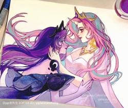 Size: 750x636 | Tagged: safe, artist:pplaoxiansheng, imported from derpibooru, princess celestia, princess luna, equestria girls, solo