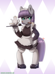 Size: 1200x1600 | Tagged: safe, artist:tikrs007, imported from derpibooru, maud pie, earth pony, semi-anthro, boulder (g4), clothes, commission open, maid, mouth hold, serving tray, solo, teapot