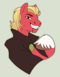 Size: 1620x2077 | Tagged: safe, artist:kbunink, imported from derpibooru, sprout cloverleaf, earth pony, pony, undead, vampire, vampony, blood, fangs, g5, male, my little pony: a new generation, sharp teeth, simple background, solo, teeth