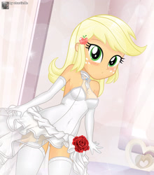 Size: 2462x2797 | Tagged: safe, artist:charliexe, applejack, equestria girls, breasts, clothes, dress, evening gloves, female, gloves, long gloves, panties, solo, solo female, underwear