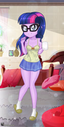 Size: 2845x5659 | Tagged: safe, artist:charliexe, twilight sparkle, equestria girls, breasts, clothes, female, glasses, slippers, socks, solo, solo female