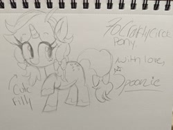 Size: 4080x3072 | Tagged: safe, artist:spoonie, imported from derpibooru, oc, oc only, oc:crafty circles, unicorn, bow, butt freckles, coat markings, colored belly, cute, female, filly, foal, freckles, hair bow, horn, looking at you, pencil drawing, sketch, smiling, socks (coat markings), solo, tail, tail bow, traditional art