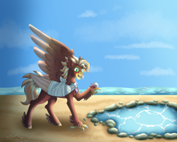 Size: 5192x4150 | Tagged: safe, artist:artistcoolpony, imported from derpibooru, oc, oc only, classical hippogriff, hippogriff, absurd resolution, bandage, bandaged wing, commission, hermit crab, ocean, one wing out, solo, tide pools, water, wings