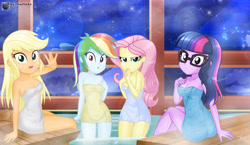 Size: 7103x4115 | Tagged: safe, artist:charliexe, applejack, fluttershy, rarity, twilight sparkle, equestria girls, breasts, covering, female, glasses, group, sauna, towel