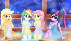 Size: 7103x4115 | Tagged: safe, artist:charliexe, applejack, fluttershy, rainbow dash, twilight sparkle, equestria girls, breasts, covering, female, glasses, group, towel