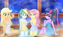 Size: 7103x4115 | Tagged: safe, artist:charliexe, applejack, fluttershy, pinkie pie, rainbow dash, twilight sparkle, equestria girls, breasts, covering, female, glasses, group, sauna, towel