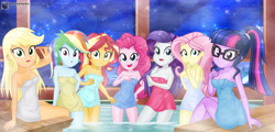 Size: 8593x4115 | Tagged: safe, artist:charliexe, applejack, fluttershy, pinkie pie, rainbow dash, rarity, sunset shimmer, twilight sparkle, equestria girls, breasts, covering, female, group, mane six, sauna, towel