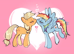 Size: 3304x2416 | Tagged: safe, artist:azaani, imported from derpibooru, applejack, rainbow dash, earth pony, pegasus, pony, appledash, duo, duo female, eyes closed, female, hatless, heart, heart background, kiss on the lips, kissing, lesbian, mare, missing accessory, shipping, spread wings, wings