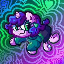 Size: 3632x3632 | Tagged: safe, artist:endercatcore, imported from derpibooru, oc, oc only, oc:artshine aura, original species, plush pony, pony, unicorn, abstract background, glasses, horn, nonbinary oc, plushie, ponysona, solo, unicorn oc