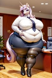 Size: 768x1152 | Tagged: safe, derpibooru exclusive, imported from derpibooru, fleur-de-lis, anthro, unicorn, series:office ponies, ai content, ai generated, bbw, big breasts, breasts, busty fleur-de-lis, butt, clothes, fat, fleur-de-rriere, generator:stable diffusion, high heels, horn, huge breasts, indoors, necktie, obese, office, prompter:professordoctorc, shirt, shoes, skirt, socks, stockings, thigh highs, thighs, thunder thighs, wide hips