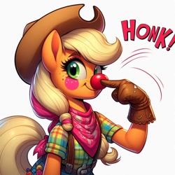 Size: 1024x1024 | Tagged: safe, imported from derpibooru, applejack, anthro, earth pony, ai content, ai generated, bandana, boop, clothes, clown, clown nose, generator:bing image creator, generator:dall-e 3, gloves, hat, honk, prompter:heydude5321, red nose, rodeo clown, self-boop, tail