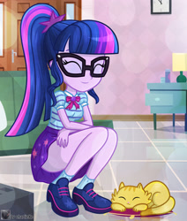 Size: 2836x3344 | Tagged: safe, artist:charliexe, twilight sparkle, equestria girls, breasts, clothes, eyes closed, female, glasses, kneeling, shoes, skirt, solo, solo female