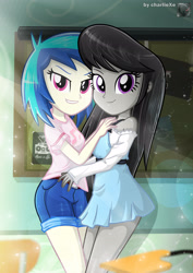 Size: 3306x4671 | Tagged: safe, artist:charliexe, dj pon-3, octavia melody, vinyl scratch, equestria girls, breasts, clothes, duo, duo female, female, shirt