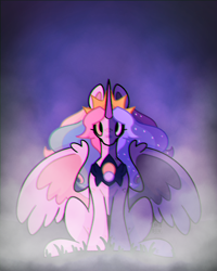 Size: 2000x2500 | Tagged: safe, artist:lionbun, imported from derpibooru, princess celestia, princess luna, alicorn, fusion, goddess, redesign