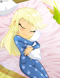 Size: 2617x3382 | Tagged: safe, artist:charliexe, applejack, equestria girls, breasts, clothes, cuddling, eyes closed, female, pajamas, solo, solo female