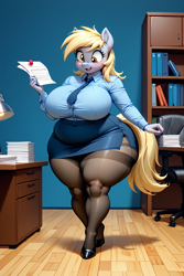 Size: 768x1152 | Tagged: safe, derpibooru exclusive, imported from derpibooru, derpy hooves, anthro, series:office ponies, ai content, ai generated, blushing, breasts, busty derpy hooves, chubby, clothes, curvy, generator:stable diffusion, hourglass figure, impossibly wide hips, prompter:professordoctorc, skirt, socks, stockings, thigh highs, thighs, thunder thighs, wide hips