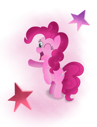 Size: 1459x1906 | Tagged: safe, artist:toonrandy, imported from derpibooru, pinkie pie, earth pony, pony, female, one eye closed, open mouth, open smile, simple background, smiling, solo, stars, white background