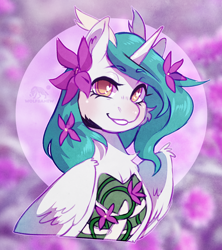 Size: 1136x1280 | Tagged: safe, artist:wolfiebane, imported from derpibooru, oc, oc only, alicorn, pony, alicorn oc, bone, bust, flower, flower in hair, horn, looking at you, plant, ribcage, smiling, solo, wings