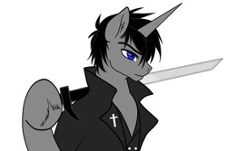 Size: 1500x1000 | Tagged: safe, artist:ruchiyoto, imported from derpibooru, oc, oc only, oc:black cross, unicorn, horn, male, raised hoof, simple background, solo, stallion, sword, weapon, white background