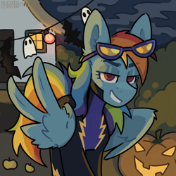 Size: 2048x2048 | Tagged: safe, artist:crashbrush, imported from derpibooru, rainbow dash, pegasus, pony, luna eclipsed, clothes, costume, ear fluff, feathered wings, female, garland, halloween, halloween costume, holiday, jack-o-lantern, looking at you, mare, mlp fim's fourteenth anniversary, multicolored hair, outdoors, pumpkin, shadowbolts costume, smiling, smiling at you, solo, wing gesture, wings