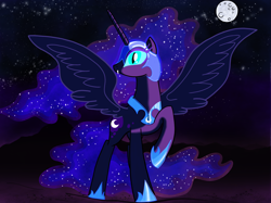 Size: 2732x2048 | Tagged: safe, artist:felisamafeles, imported from derpibooru, nightmare moon, alicorn, pony, blue eyes, cloud, digital art, eyeshadow, fangs, female, field, flowing mane, flowing tail, full body, full moon, helmet, hoof shoes, horn, long hair, long tail, makeup, mare, mlp fim's fourteenth anniversary, moon, mountain, night, night sky, peytral, shiny eyes, sky, slit pupils, solo, spread wings, stars, tail, transparent mane, wings