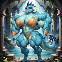 Size: 1024x1024 | Tagged: safe, imported from derpibooru, princess ember, anthro, digitigrade anthro, dragon, abs, ai content, ai generated, bangles, biceps, bikini, bodybuilder, breasts, calves, clothes, deltoids, deviantart watermark, dragoness, female, golden bikini, golden swimsuit, looking at you, muscles, muscular female, obtrusive watermark, overdeveloped muscles, pecs, princess embroids, prompter:muscularfurry, solo, swimsuit, thighs, thunder thighs, triceps, watermark