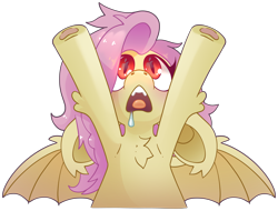 Size: 5930x4514 | Tagged: safe, artist:cutepencilcase, imported from derpibooru, fluttershy, bat pony, pony, absurd resolution, bat ponified, chest fluff, cute, drool, female, floppy ears, flutterbat, glowing, glowing eyes, hooves in air, leg fluff, looking up, mare, race swap, shyabates, shyabetes, simple background, solo, spread wings, transparent background, underhoof, wings