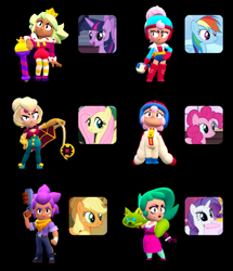 Size: 720x839 | Tagged: safe, imported from derpibooru, applejack, fluttershy, pinkie pie, rainbow dash, rarity, twilight sparkle, alicorn, pegasus, pony, unicorn, bandana, bonnie (brawl stars), brawl stars, brawler, charlie, charlie (brawl stars), charlotte, charlotte (brawl stars), clothes, comparison, crossover, crown, dress, female, gown, helmet, horn, jacket, janet, janet (brawl stars), jewelry, lola, lola (brawl stars), makeup, mandy, mandy (brawl stars), mane six, mare, pants, regalia, shelly (brawl stars), shelly shotgun, shelly shotgun (brawl stars), shirt, shorts, supercell, twilight sparkle (alicorn)