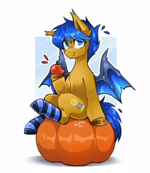 Size: 2169x2500 | Tagged: safe, artist:buvanybu, imported from derpibooru, oc, oc only, oc:crushingvictory, bat pony, apple, clothes, ear fluff, food, post-transformation, pumpkin, simple background, socks, solo, transformation