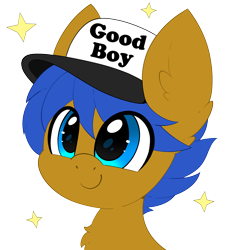 Size: 2436x2674 | Tagged: safe, artist:pegamutt, imported from derpibooru, oc, oc only, oc:crushingvictory, pegasus, pony, blue eyes, bust, chest fluff, commission, cute, ear fluff, happy, hat, male, simple background, smiling, solo, transparent background, ych result