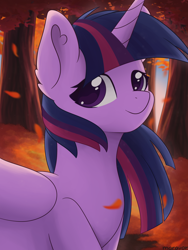 Size: 1500x2000 | Tagged: safe, artist:maravor, imported from derpibooru, twilight sparkle, alicorn, pony, autumn, falling leaves, female, leaves, mare, smiling, solo, tree, twilight sparkle (alicorn)