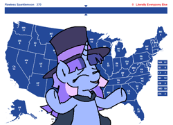 Size: 1326x953 | Tagged: safe, artist:kleyime, imported from derpibooru, oc, oc only, oc:flawless sparklemoon, pony, unicorn, cape, clothes, election, fusion, fusion:trixie, fusion:twilight sparkle, fusion:twixie, hat, horn, jeb bush, map, meme, my little pony the movie: the death of twilight sparkle, raised hooves, solo, text, top hat, united states