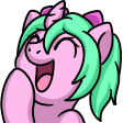 Size: 112x112 | Tagged: safe, imported from derpibooru, oc, oc only, oc:magicalmysticva, pony, unicorn, emote, emotes, eyes closed, female, giggling, horn, laughing, open mouth, pigtails, pink body, pink coat, raised hoof, solo, teal mane, twintails