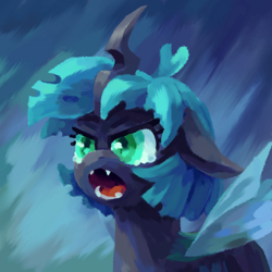 Size: 2000x2000 | Tagged: safe, artist:impamy, imported from twibooru, oc, oc only, oc:changeling filly anon, oc:filly anon, changeling, nymph, changeling oc, changelingified, female, filly, floppy ears, frown, image, open mouth, png, solo, species swap, upset