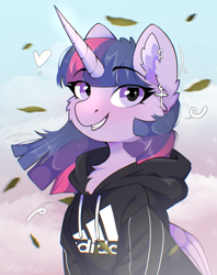 Size: 1640x2075 | Tagged: safe, artist:shpoof, imported from derpibooru, applejack, fluttershy, pinkie pie, rainbow dash, rarity, twilight sparkle, alicorn, unicorn, clothes, cute, ear piercing, earring, heart, hoodie, horn, jewelry, mane six, piercing, solo, twilight sparkle (alicorn), windswept mane