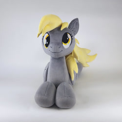 Size: 1000x1000 | Tagged: safe, artist:larsen toys, imported from derpibooru, derpy hooves, original species, pegasus, plush pony, advertisement, auction, auction open, bracelet, female, jewelry, lying, mare, monochrome, photo, plushie, sale, solo